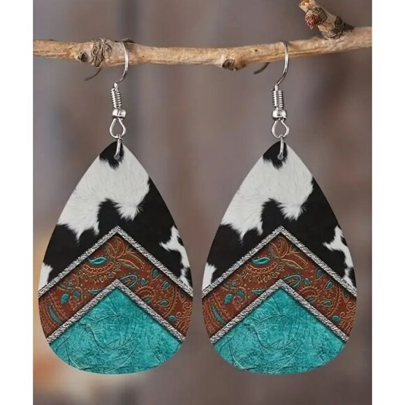 Boho Western Teardrop Earrings For Women Leather & Faux‎ Fur Turquoise/Brown NEW - Picture 1 of 3